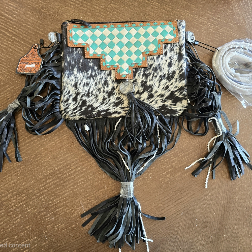 Leather Fringe Crossbody Bag with Turquoise And Cowhide Accents